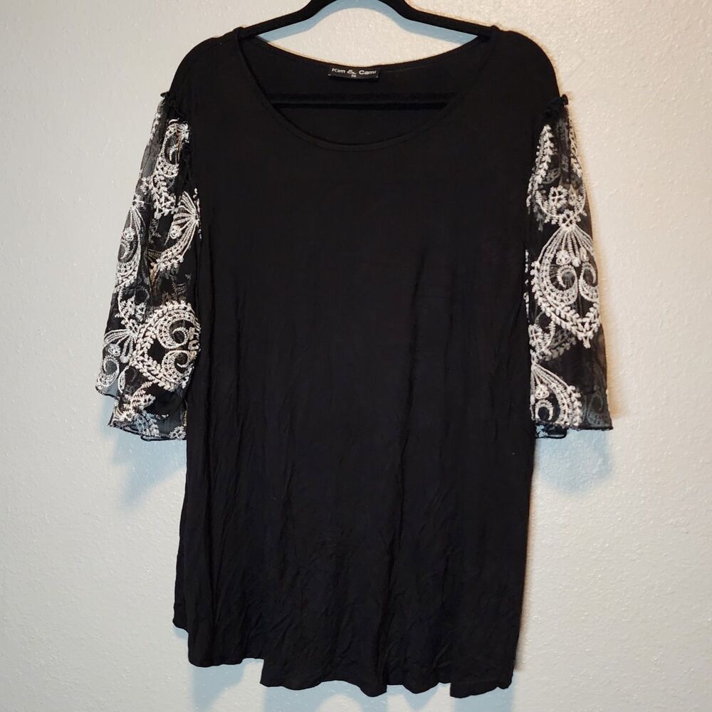 Kim & Cami Black Lace Embroidered Mesh Sleeve Top Plus Size 3X